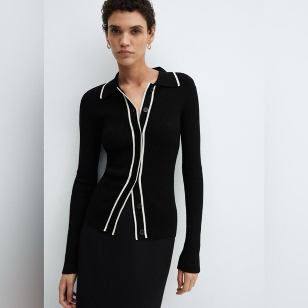 Workshop ribbed black white collared button cardigan m